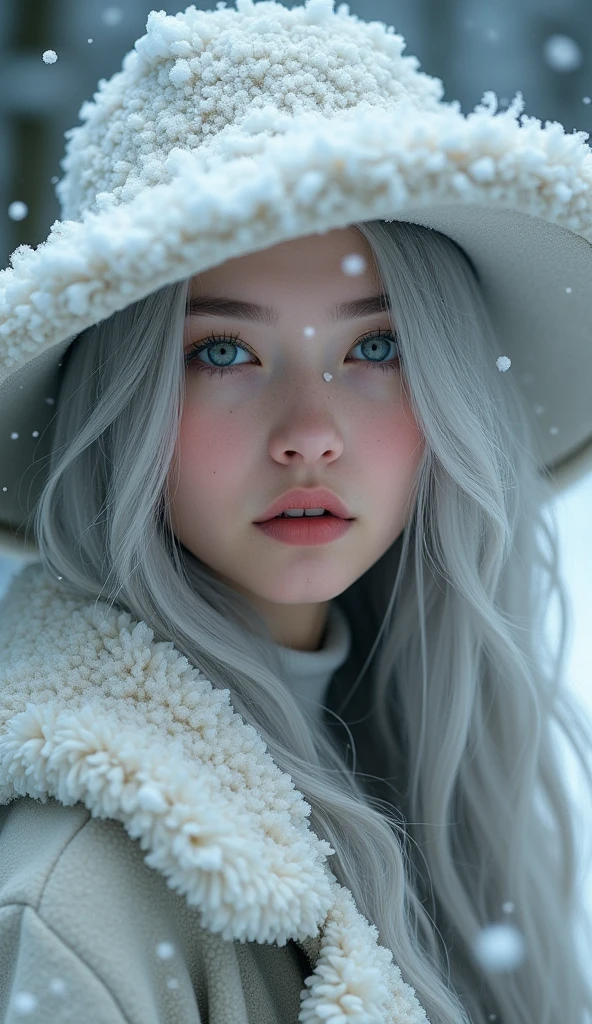 A close-up portrait of a young woman with pale skin and long, silver hair, wearing a wide-brimmed, snow-covered hat. Snowflakes fall around her, accentuating a serene expression. Her large, expressive eyes have a hint of warmth, contrasting with the cold, wintry background. She is dressed in a fur-lined coat, suggesting a cold environment.