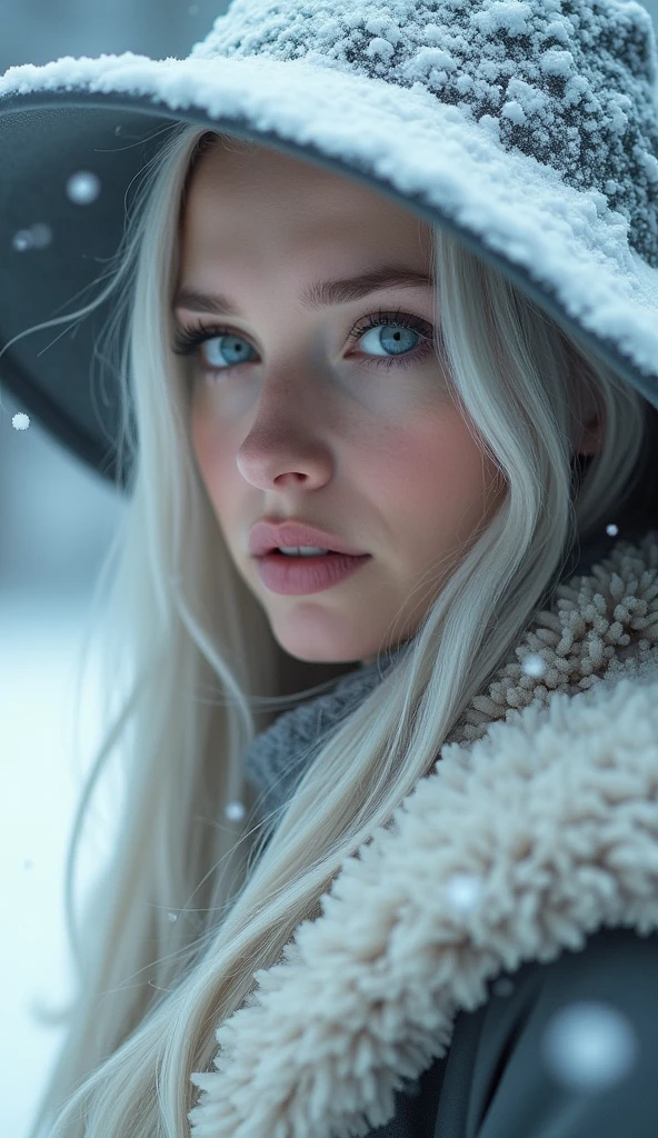 A close-up portrait of a young woman with pale skin and long, silver hair, wearing a wide-brimmed, snow-covered hat. Snowflakes fall around her, accentuating a serene expression. Her large, expressive eyes have a hint of warmth, contrasting with the cold, wintry background. She is dressed in a fur-lined coat, suggesting a cold environment.