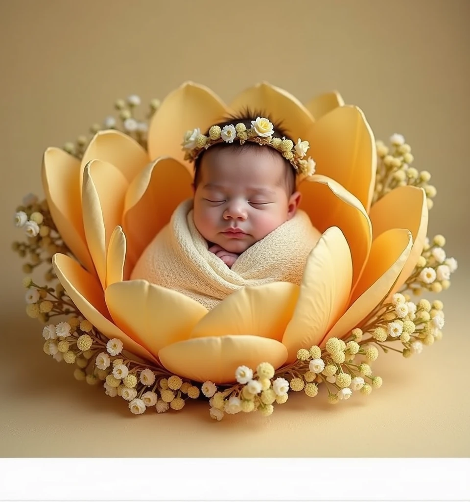 there is a  sleeping in a flower with a headband, an album cover inspired by Anne Geddes, shutterstock contest winner, art photography, yellow theme, maternal photography 4 k, wrapped in flowers, yellow backdrop, stunning photoshot, shades of gold display naturally, golden theme, cute photo, absolutely outstanding image, on a yellow canva