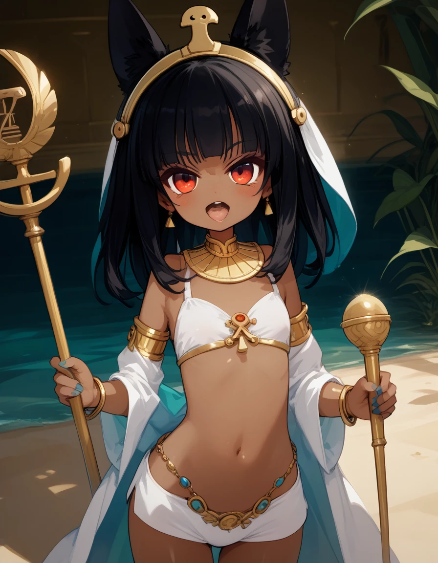 score_10,score_9_up,score_8_up,score_7_up, hadrian, small breasts,looking at viewer, seductive, with Pyramid of Khufu view, in Egypt, female anubis, egyptian clothes, egyptian mythology, truncheon,staff, long black hair, dark skin, open mouth, lewd, cowboy shot, nice hips, half open eyes, grinning,