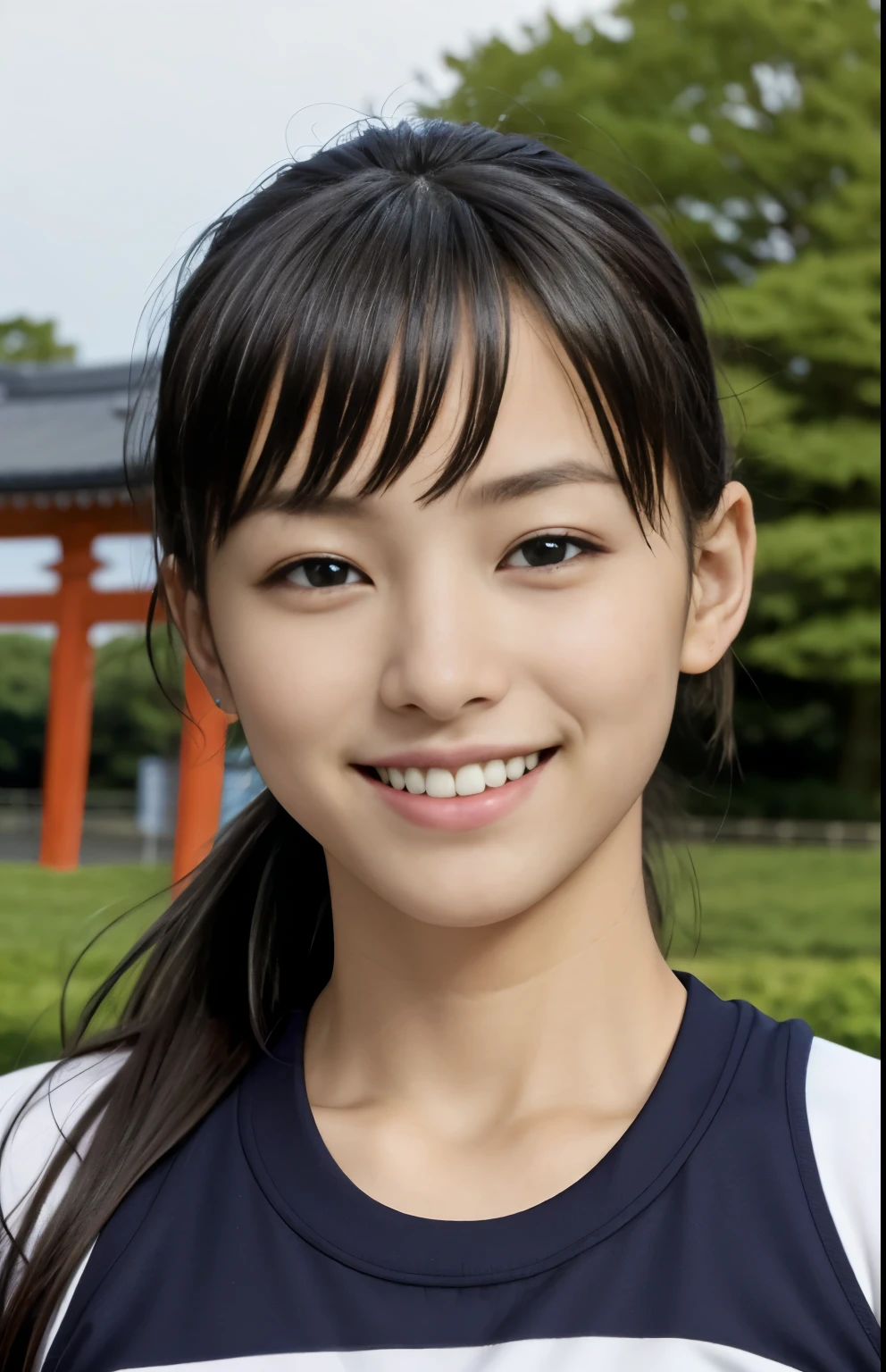 (Highest quality, masterpiece), (Beautiful Japan), (freckles:0.6), ponytail, smile, garden, Track and field athlete