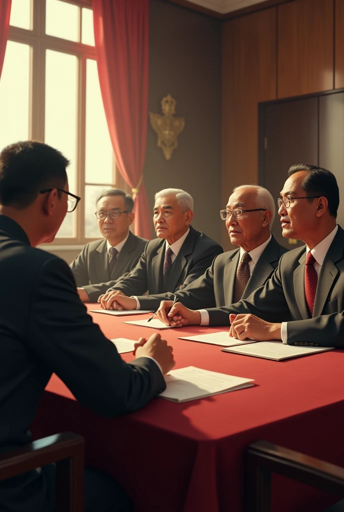 And. Sukarno, Drs. Mohammad hatta, r. Otto Iskandar Dinata, k.h. A. Wachid hasjim, Mohammad Yamin is in a meeting