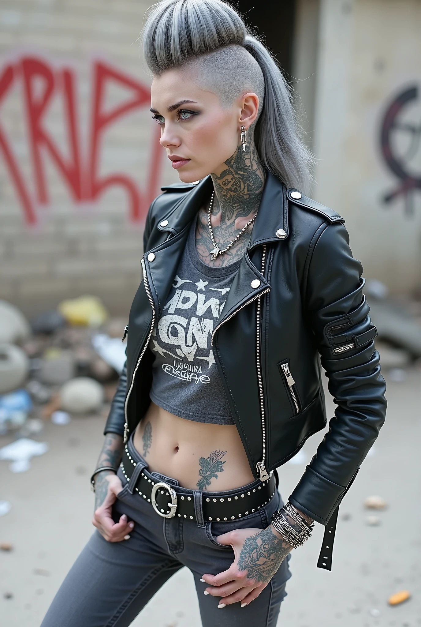 russian milf woman, grey  hair (high pouf, shaved sides, bun), with very light blue eyes, extremely pale skin. All neck tattooed. All stomach tattoed. All chest tattooed.All hands tattooed.Wearing aged black moto jacket with lots of zippers and pins, flipped up collar. Cropped dark grey t-shirt with rock band logo. Dark grey  skinny  low rise jeans.. wide black studded belt. Leaning back on a graffitied brick wall with hands in pockets, chin up, stretching her neck , humble facial expression.. Listening with tilted head, looking up to somebody more clever  speaking to her. Well toned abdominals, thin neck, slim legs and thin arms. Narrow hips. Dirt street in Kenyan village full of waste. Lots of silver bracelets. A lot of tanned fat women  in traditional dresses around looking down at her