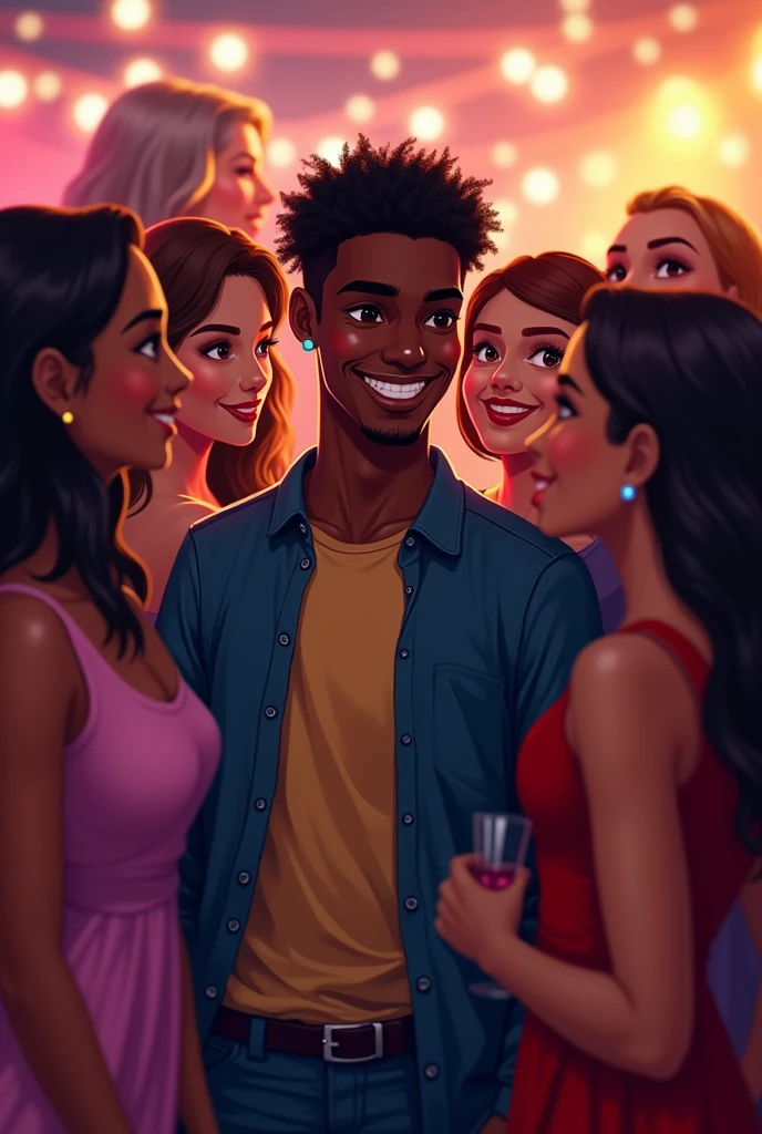 A black ager and a mature woman smiling with several girls in love with him wanting to kiss him at a party