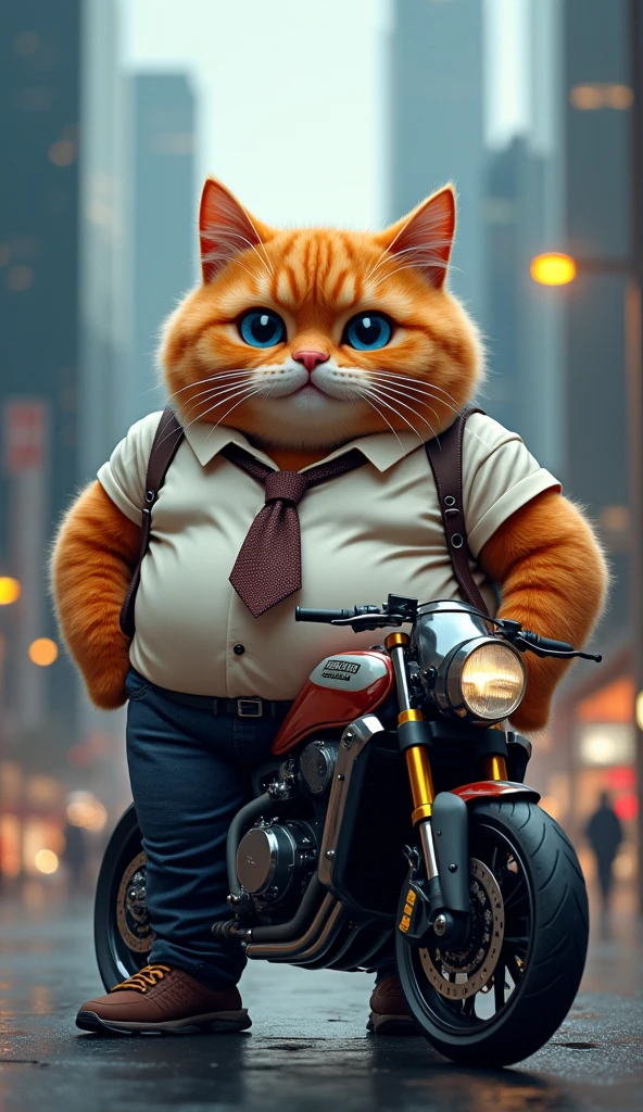 Make a picture of a fat obese orange cat, blue eyes, wear cool clothes, sports shoes and tie, standing in front of a luxury sports motorbike, facing the camera, against the backdrop of a modern city, full body, wide, super realistic 8k images