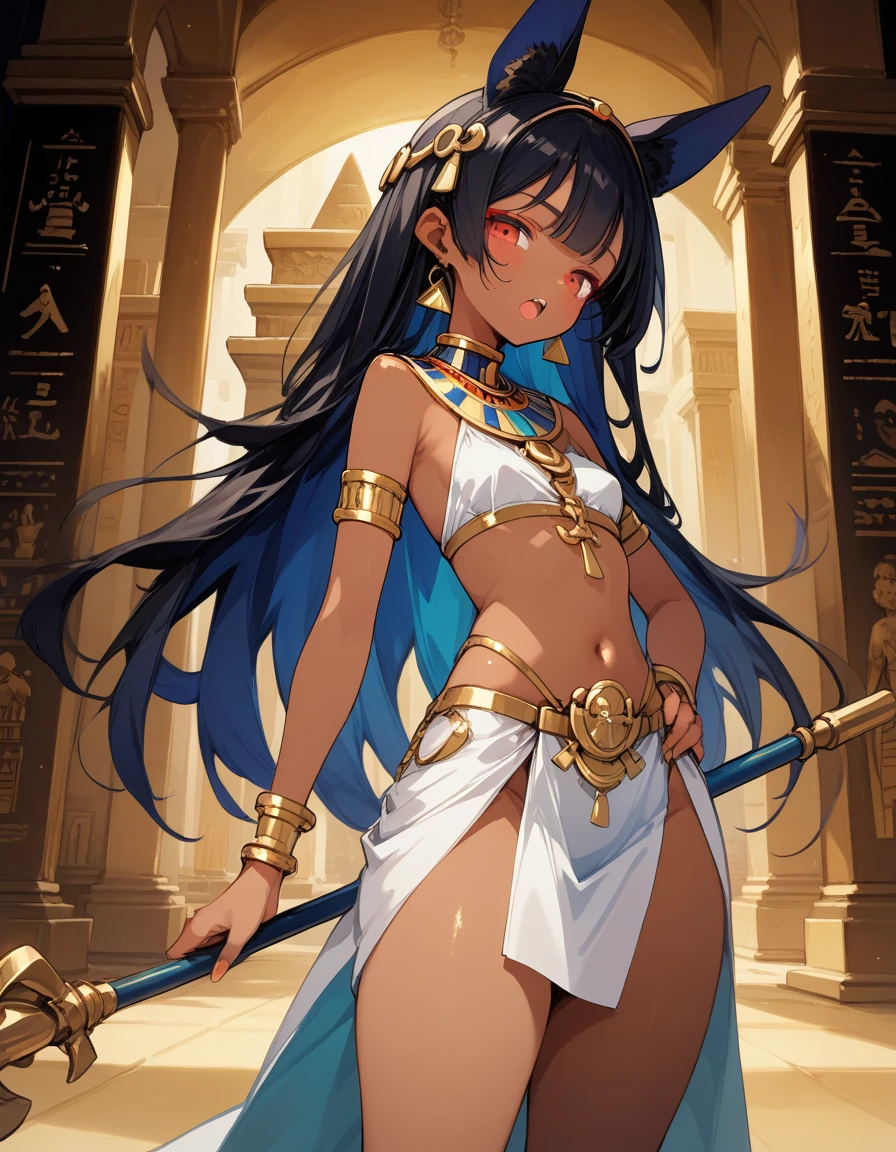 score_10,score_9_up,score_8_up,score_7_up, hadrian, small breasts, looking at viewer, seductive, with Pyramid of Khufu view, in Egypt, female anubis, egyptian clothes, egyptian mythology, truncheon,staff, long black hair, dark skin, open mouth, lewd, cowboy shot, nice hips, hand on hip, hip sway, half open eyes, thick thighs,