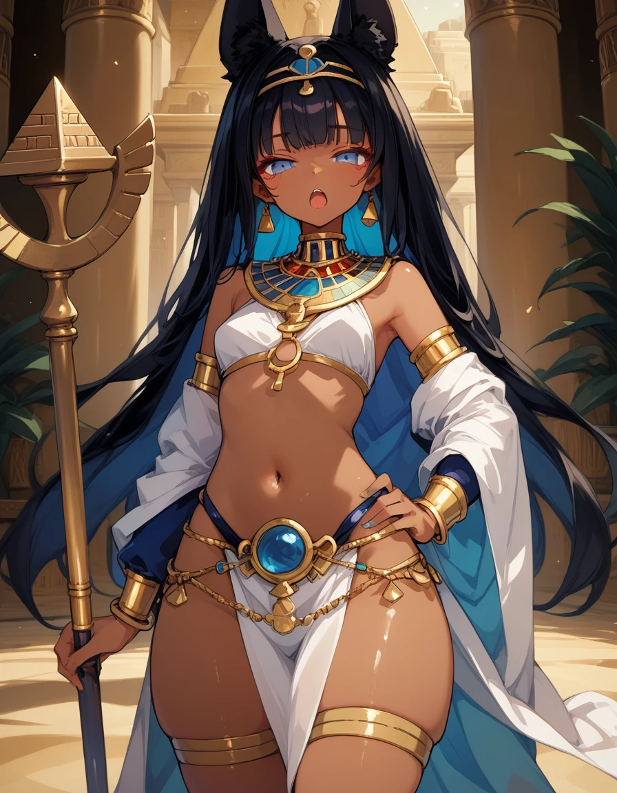 score_10,score_9_up,score_8_up,score_7_up, hadrian, small breasts, looking at viewer, seductive, with Pyramid of Khufu view, in Egypt, female anubis, egyptian clothes, egyptian mythology, truncheon,staff, long black hair, dark skin, open mouth, lewd, cowboy shot, nice hips, hand on hip, hip sway, half open eyes, thick thighs,