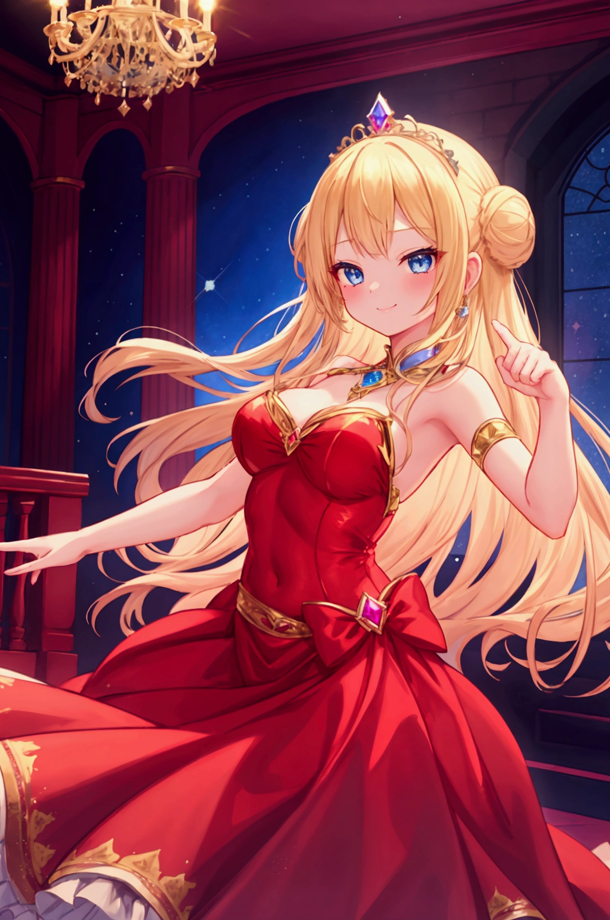 Girl、Suspicious smile、Blue Eyes、Blonde、Bun Long Hair、tiara、Danceのドレス、Long skirt、Sexy Dress、Crimson Dress、Glittering、Dance、Lavish decoration、Glittering Gems、dance party、The Great Hall of the Castle