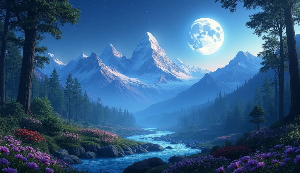 (masterpiece), (Ultra-realistic), (detailed: 1.4), mountain view, landscape, Night Photo, Professional photos, Starry Sky, Big Moon, full moon, Green plants, wood, river, Flowers