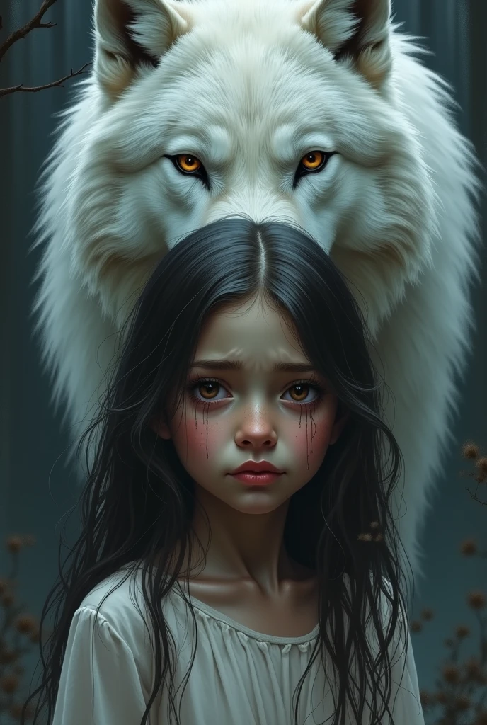 Une fille métisse qui pleure avec un loup blanc derrière