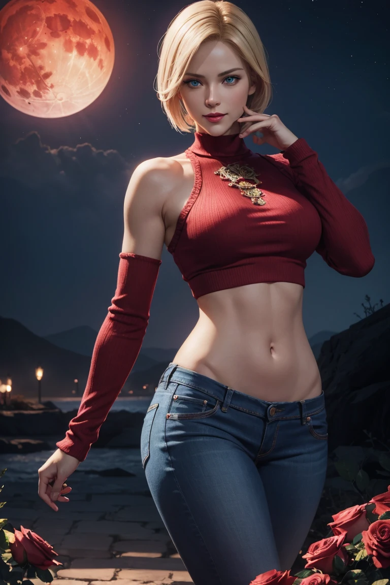 KOF,King of Fighters,Blue Mary,Blue Eyes,Blonde Hair,Medium Hair,Beautiful white skin,Photorealistic,Ultra HD,high quality,masterpiece,Digital SLR,Detailed details,Intricate details,Anatomical basis,Depicted in detail,A detailed face,Realistic skin texture,Vivid details,Perfect Anatomy,Perfect Anatomy,Anatomically correct hand,Anatomically correct fingers,Super Detail,Complex 3D rendering,Sexy pose,Red knitted tops,No sleeve,jeans,Fantasy worldview,Beautiful red sea,Beautiful Red Moon,Beautiful night sky,Petals of roses dance,Picturesque,Pink Lips,smile,