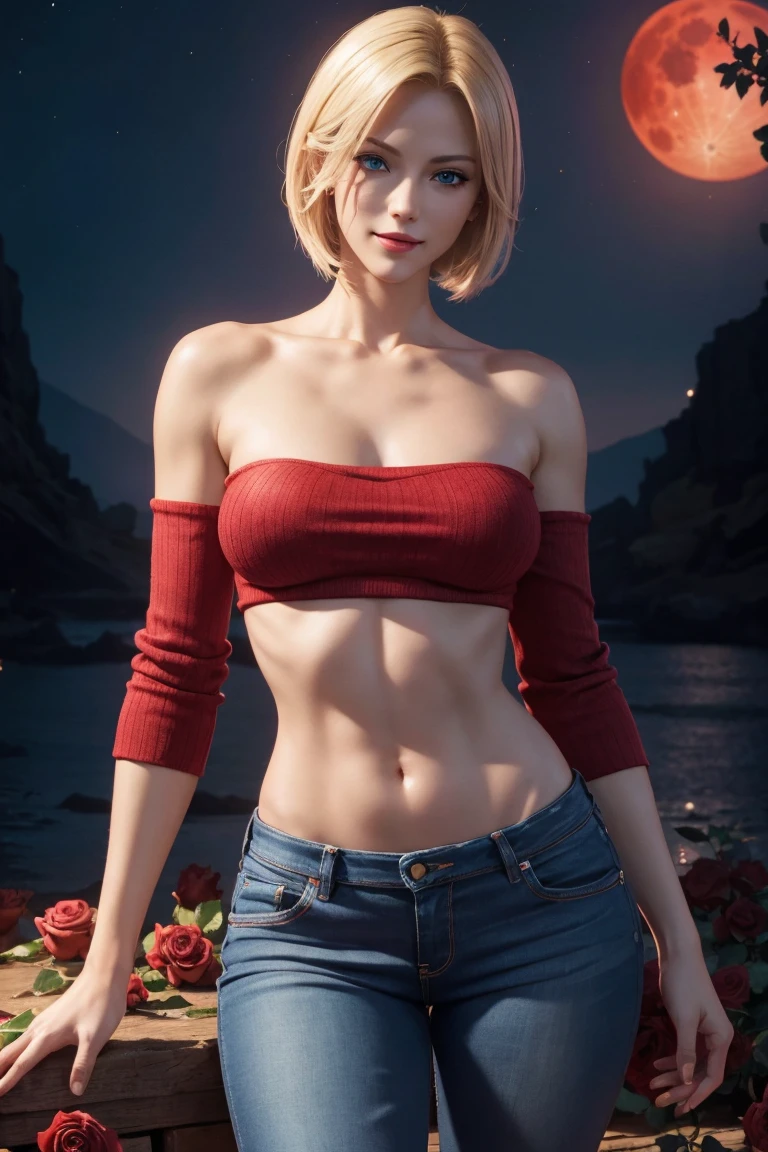 KOF,King of Fighters,Blue Mary,Blue Eyes,Blonde Hair,Medium Hair,Beautiful white skin,Photorealistic,Ultra HD,high quality,masterpiece,Digital SLR,Detailed details,Intricate details,Anatomical basis,Depicted in detail,A detailed face,Realistic skin texture,Vivid details,Perfect Anatomy,Perfect Anatomy,Anatomically correct hand,Anatomically correct fingers,Super Detail,Complex 3D rendering,Sexy pose,Red knit sleeveless top,jeans,Fantasy worldview,Beautiful red sea,Beautiful Red Moon,Beautiful night sky,Petals of roses dance,Picturesque,Pink Lips,smile,