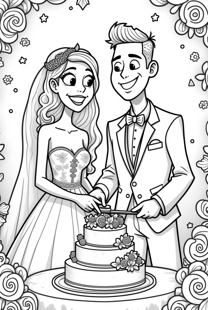 A line art for a children's coloring book with a Pixar-style wedding theme of the bride and groom cutting the wedding cake