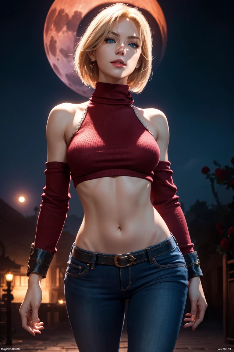 KOF,King of Fighters,Blue Mary,Blue Eyes,Blonde Hair,Medium Hair,Beautiful white skin,Photorealistic,Ultra HD,high quality,masterpiece,Digital SLR,Detailed details,Intricate details,Anatomical basis,Depicted in detail,A detailed face,Realistic skin texture,Vivid details,Perfect Anatomy,Perfect Anatomy,Anatomically correct hand,Anatomically correct fingers,Super Detail,Complex 3D rendering,Sexy pose,Red knitted tops,No sleeve,jeans,Fantasy worldview,Beautiful red sea,Beautiful Red Moon,Beautiful night sky,Petals of roses dance,Picturesque,Pink Lips,smile,