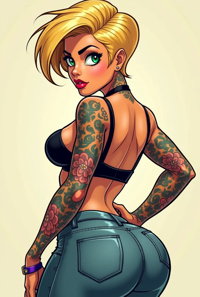 a beautiful tanned pretty face SEXY 
girlie cartoon woman with flat stomach wide hips curvy
 body with big breast and big bum with full body tattoos stomach, neck and arm tattoos with green eyes and short blonde pixie cut hair wearing sexy underwear
 looking over her shoulder


