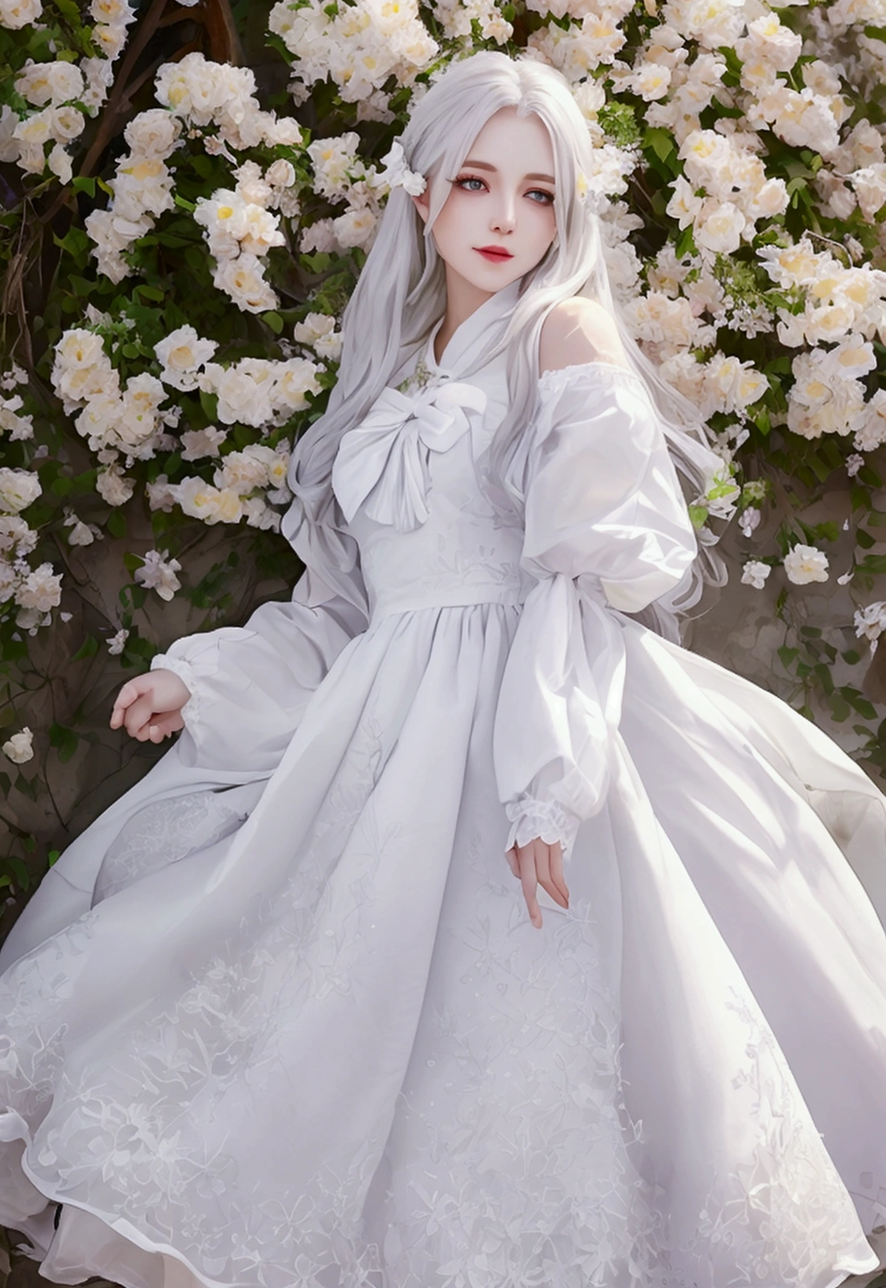 masterpiece, Great work, Daytime, Outdoor, Falling Flowers, White Dress, 1 person, Perfect Woman, Woman with long silver and white hair, Gray blue eyes, Pale pink lips, cold, Severe, Van, Purple eyes, White clothes, Black Apparel Line, Delicate face, Beautiful Face, Standing Bow, Tassel, The Knot of Happiness, smile