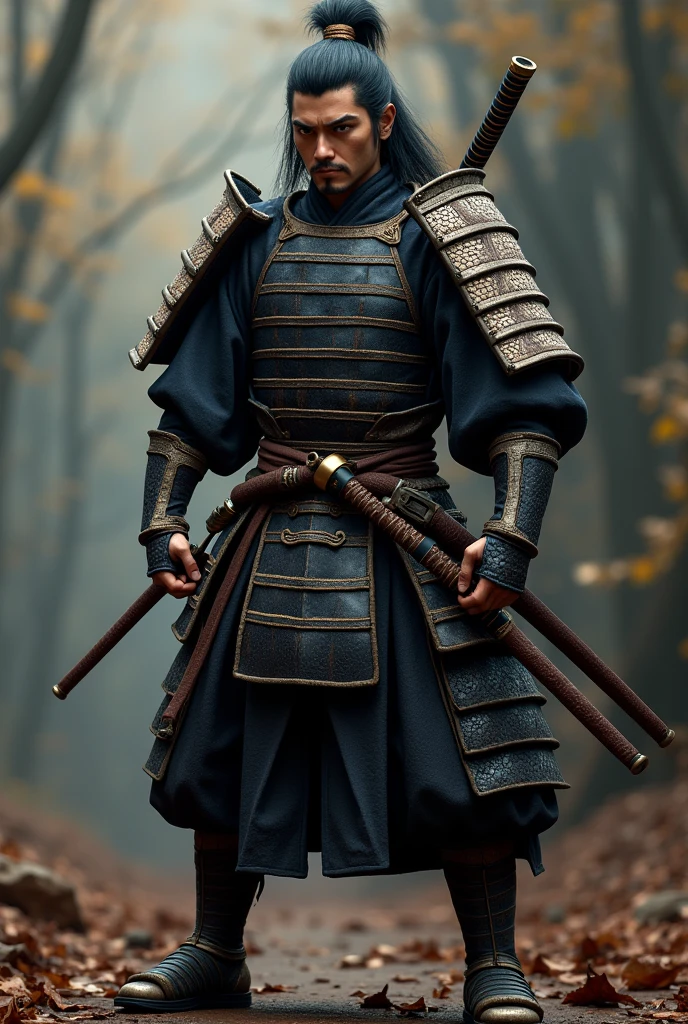 samurai warrior, ((masterpiece, highest quality, Highest image quality, High resolution, Raw photo, 8K)), ((Extremely detailed CG unified 8k wallpaper)), (huge stunning warrior shot, full body, musclural body beauty:1.4), black hair, black hair, nervous, Posing for the camera, In a warrior fighting stance, stern expression, unkempt hair, and wearing traditional samurai attire. He carried two swords—a katana and a wakizashi—and had a rugged, battle-hardened look., photorealistic, 16k, 8k, 4K, award winning