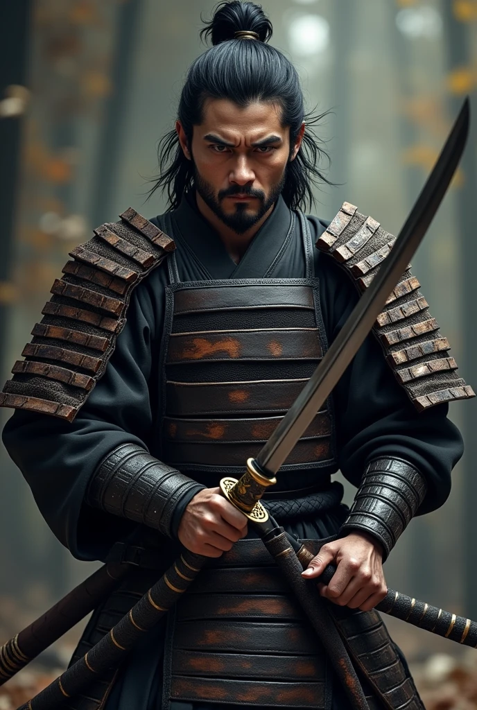 samurai warrior, ((masterpiece, highest quality, Highest image quality, High resolution, Raw photo, 8K)), ((Extremely detailed CG unified 8k wallpaper)), (huge stunning warrior shot, full body, musclural body beauty:1.4), black hair, black hair, nervous, Posing for the camera, In a warrior fighting stance, stern expression, unkempt hair, and wearing traditional samurai attire. He carried two swords—a katana and a wakizashi—and had a rugged, battle-hardened look., photorealistic, 16k, 8k, 4K, award winning