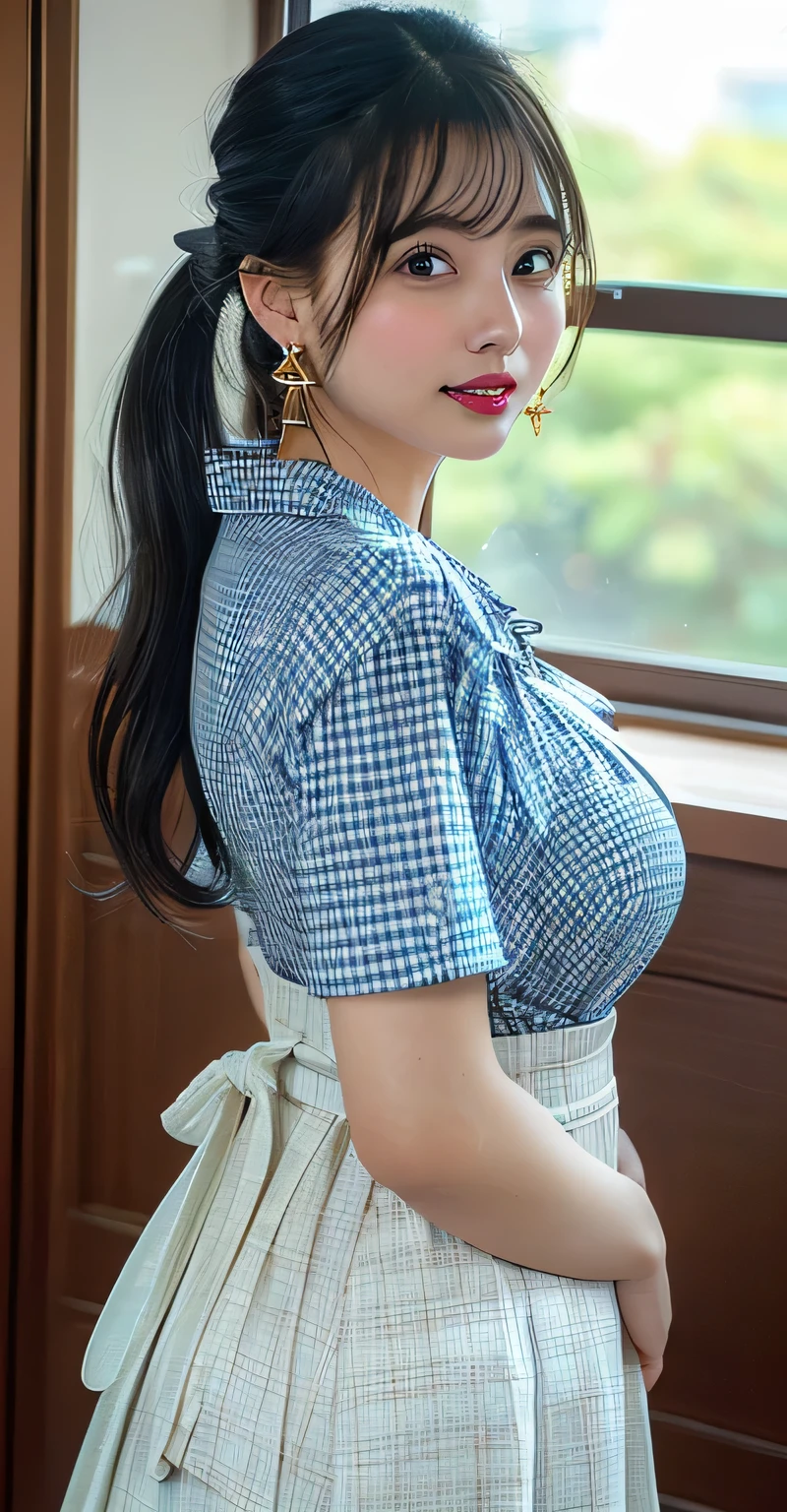 (8k,RAW Photos,Like the picture:1.45),masterpiece,Highest quality,wonderful,(Sexy Mature Woman:1),(Mature very cute woman:1.3), (2. Women.1.3)、(((very, Very large breasts)))、(((Extremely lewd and very huge boobs))、(((Very deep valley)))、Hyper Real、She is a々In a quiet office、A beautiful and elegant smile、beautiful white skin、beautiful, Delicate and precise skin texture、Long, fluffy, beautiful black hair(Braid:1.45)、beautiful Japanese Women、(BIG ASS)、Thick thighs、Bright red lips、Gold small star-shaped earrings、{Light blue checkered long skirt((Plain white blouse))},