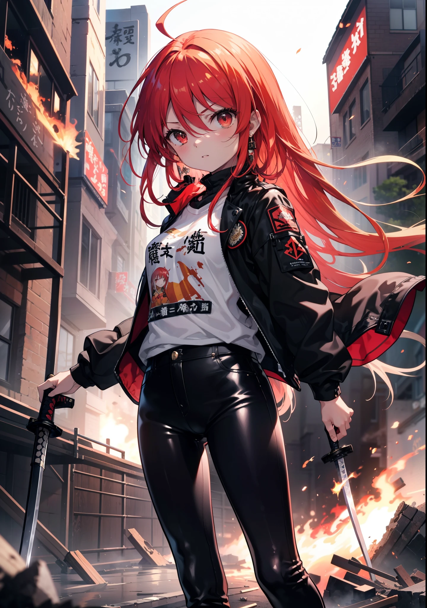 Shana,灼眼のShana,Long Hair, Redhead, Red eyes, Ahoge,Small breasts,Serious face,Black rider jacket,black t-shirts,Leather pants,boots,rubble,The town is collapsing,Explosive flame,A long Japanese sword engulfed in flames:One is stuck in the ground,night,moonlight,Are standing,whole bodyがイラストに入るように, break outdoors, construction area, break looking at viewer, whole body, break (masterpiece:1.2), Highest quality, High resolution, unity 8k wallpaper, (shape:0.8), (Beautiful attention to detail:1.6), Highly detailed face, Perfect lighting, Highly detailed CG, (Perfect hands, Perfect Anatomy),