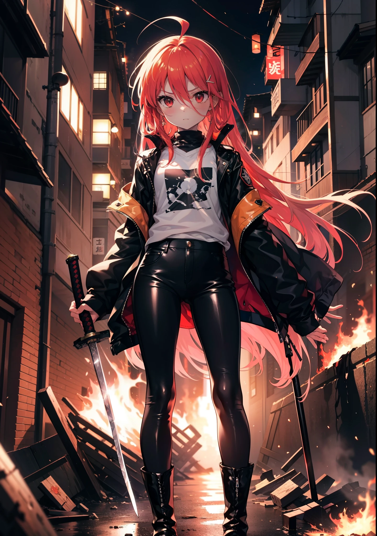 Shana,灼眼のShana,Long Hair, Redhead, Red eyes, Ahoge,Small breasts,Serious face,Black rider jacket,black t-shirts,Leather pants,boots,rubble,The town is collapsing,Explosive flame,A long Japanese sword engulfed in flames:One is stuck in the ground,night,moonlight,Are standing,whole bodyがイラストに入るように,　　　　　　　　　　　　　break outdoors, construction area,　　　　　　　　　　　　　　　break looking at viewer, whole body, 　　　　　　　　break (masterpiece:1.2), Highest quality, High resolution, unity 8k wallpaper, (shape:0.8), (Beautiful attention to detail:1.6), Highly detailed face, Perfect lighting, Highly detailed CG, (Perfect hands, Perfect Anatomy),