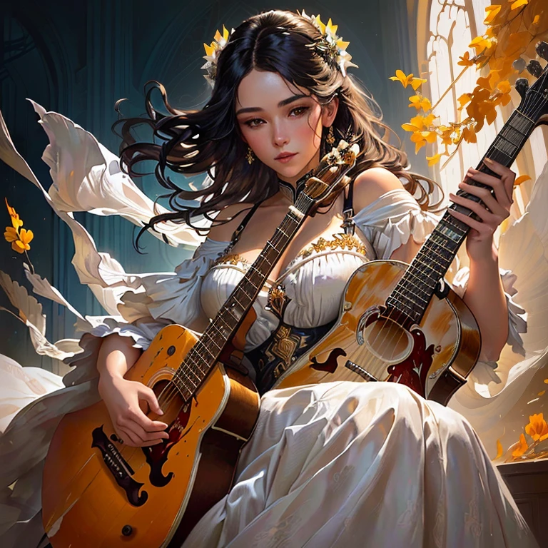 Painting of a woman in a white dress, playing the guitar, the style of Karol Buck, from Karol behind, karol bak uhd, is playing a lut, lut, Karol Bak and Peter Mohrbacher, holding a lut, inspired from Karol behind, The Art of Édouard Bisson, James Gurney&#39;s painting style, Classical works of art