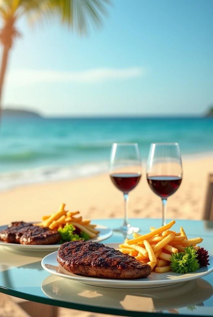 2 assiettes avec steack bien cuit, frites, and salad, Plates are placed on a glass table facing the sea on the golden sand beach. the sun is shining, the sky is blue. il y a deux verres de vin sur la table.
