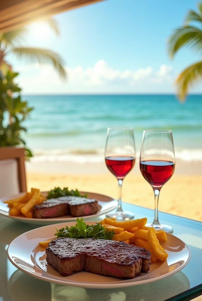 2 assiettes avec steack bien cuit, frites, and salad, Plates are placed on a glass table facing the sea on the golden sand beach. the sun is shining, the sky is blue. il y a deux verres de vin sur la table.