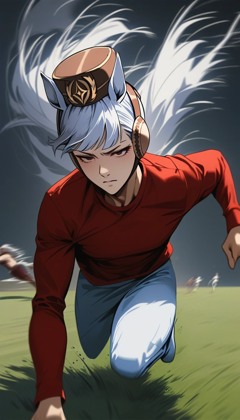 masterpiece,Highest quality,high resolution,gold_ship_umamusume,White Hair,Red clothes,Run in a forward-leaning position,Running on the lawn,Wear the Wind,Dark Days,White horse ears on his head,Blue thunder