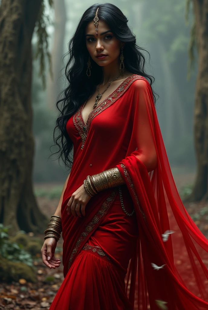 A woman in red net saree in tait fitting a full body all parts in desabal and hi his not exist in word