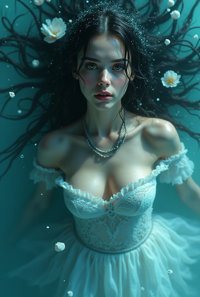 吸血鬼の女王はwaterの中にいる、One person, water色のレースの下着、water色のチュールスカートを履いている、water色の髪, Golden Eyes, Textured skin, Ultra high definition, Very detailed, Large Breasts, delicate facial expression cinematic light effects, fluorescence, Artistic, Various colors of light、無数のwater色の花びらが舞い散る、Countless flowers bloom in profusion、fluorescence, Realistic skin texture、Vampire、Attractive woman、maternal、Getting wet in the rain、Seven-Colored Rain、Have fair skin、Countless raindrops、Silver chain necklace、Angle from top to bottom、肌にwater滴がまとわりつく、waterに濡れた髪、Romantic、water、night、moonlight、Gold Light、waterで肌が濡れている、Godley, High resolution, accurate, Highest quality,