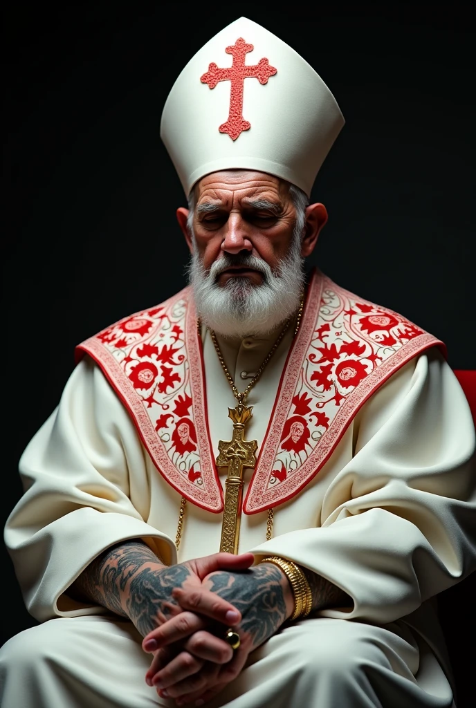 The image shows a man dressed as a Pope, sitting with his hands crossed in a solemn attitude, but with a detail that breaks with tradition: His body is covered in tattoos.
The Pope wears a white mitre with a red cross on top., as well as a papal cloak (mozzetta) decorated with intricate red designs that appear to represent religious figures or motifs. These designs also extend to his white cassock., creating a strong and visually striking contrast.
The tattoos on his hands and probably other parts of his body that are not completely visible, are equally detailed, with patterns that appear to be religious or symbolic. His hands are covered in dark tattoos and one of his fingers is wearing a large ring., which adds an air of power and authority. He also wears a large golden crucifix hanging from his neck., that hangs over his clothing.
The man's face has a stern and thoughtful expression., with eyes closed as if in prayer or deep meditation. His skin is marked by wrinkles that suggest advanced age., and his posture is rigid, with a strong presence.
The overall image combines elements of traditional religious authority with a touch of modernity and rebellion., creating a striking and provocative scene. The lighting is dark and concentrated on the subject, which further enhances the contrast between religious clothing and tattoos., evoking a mixture of sacredness and transgression.