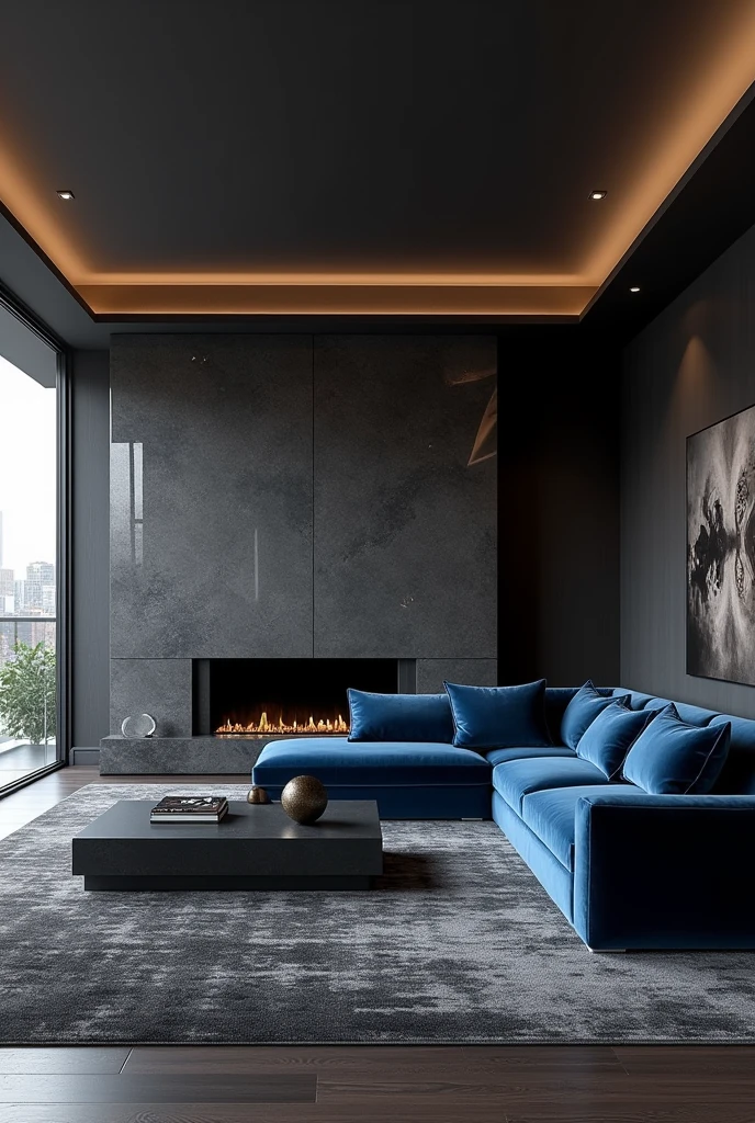 Professional 3d architecture rendering design of modern living room with so dark gray and so dark vintage blue floranca velvet sofa set and medium flouting dark gray marble fireplace and brown laminate and elegant and modern accessories and modern windows and black slab stone middle table and elegant ceiling lighting and elegant accessories and elegant dark gray Persian carpet