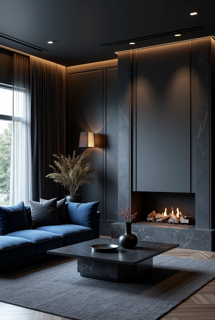 Professional 3d architecture rendering design of modern living room with so dark gray and so dark vintage blue floranca velvet sofa set and medium flouting dark gray marble fireplace and brown laminate and elegant and modern accessories and modern windows and black slab stone middle table and elegant ceiling lighting and elegant accessories and elegant dark gray Persian carpet