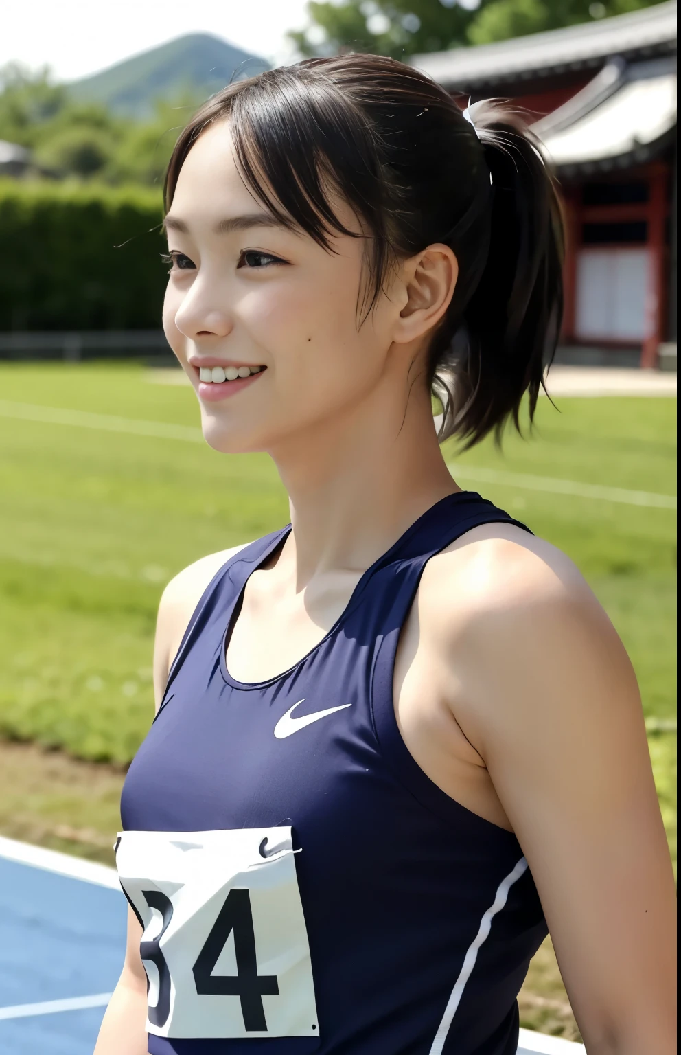 (Highest quality, masterpiece), (Beautiful Japan), (freckles:0.6), ponytail, smile, garden, Track and field athlete