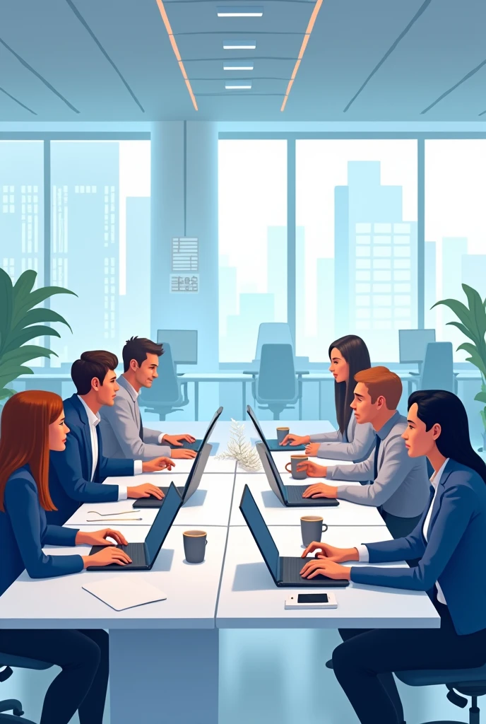Business and Technology:Remote work setups with laptops, coffee, and a minimalist desk.Diverse teams collaborating in modern office spaces.Illustrations of cloud computing, cybersecurity, and AI concepts.