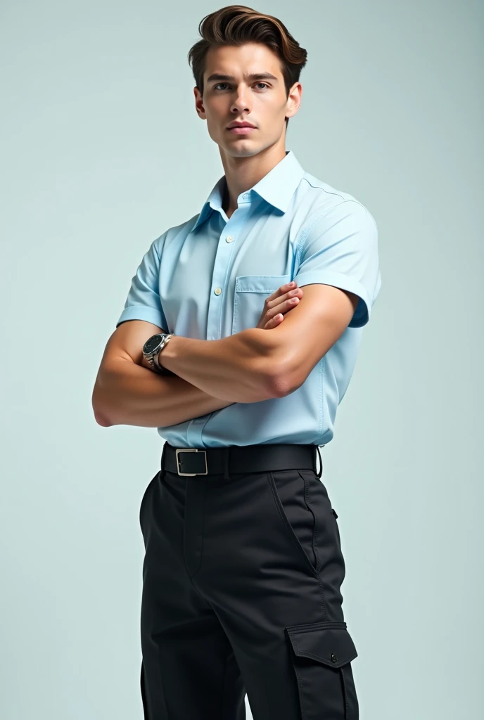 Semi-formal men&#39;s uniform with white shirt with cyan blue fashion short sleeves and black high-waisted youth cargo pants 
