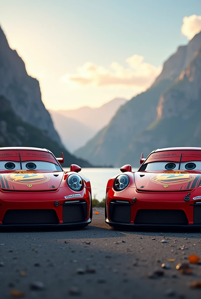 A Porsche GT3RS in Lightning McQueen livery stands in the mountains by a lake and in the background you can see mountain peaks over which the sun is just rising. Next to it is a Porsche GT3RS in Lightning McQueen Classic livery. The cars are supposed to look like in the film. The two cars are standing right next to each other.
