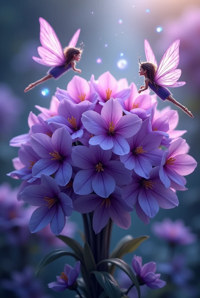 a bouquet wrapped in beautiful purple flowers, very magical with a touch of fast fairies,8k ,high resulation, sharp