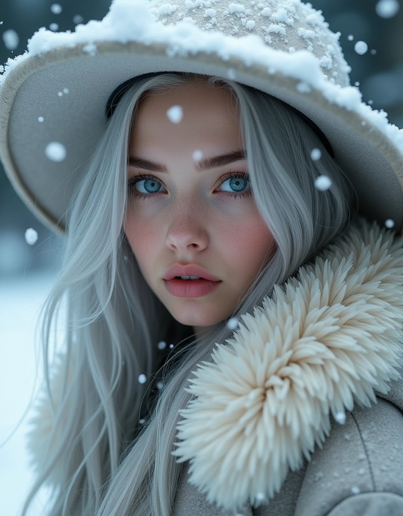 A close-up portrait of a young woman with pale skin and long, silver hair, wearing a wide-brimmed, snow-covered hat. Snowflakes fall around her, accentuating a serene expression. Her large, expressive eyes have a hint of warmth, contrasting with the cold, wintry background. She is dressed in a fur-lined coat, suggesting a cold environment.