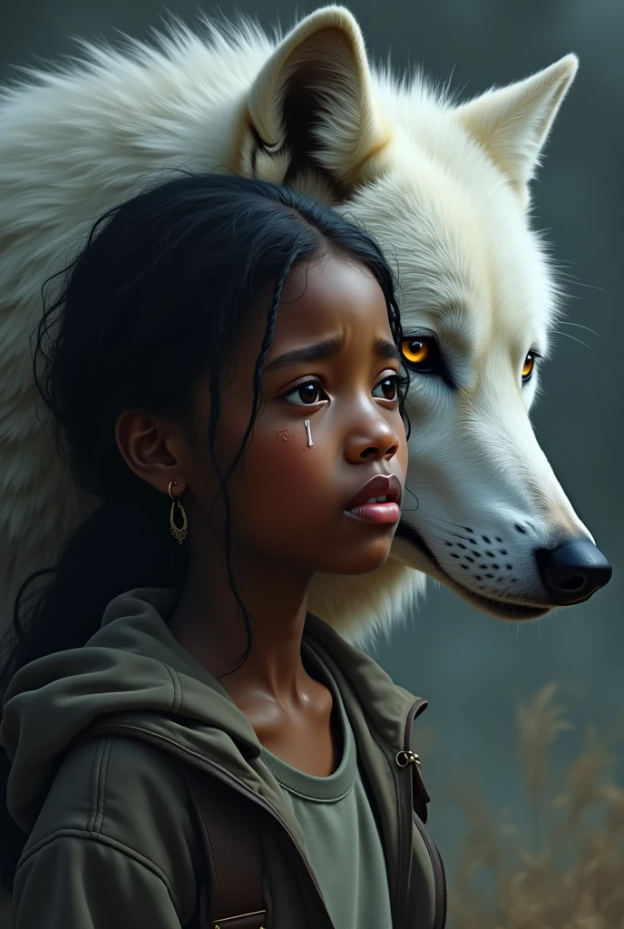 Une fille noire qui pleure avec un loup blanc derrière