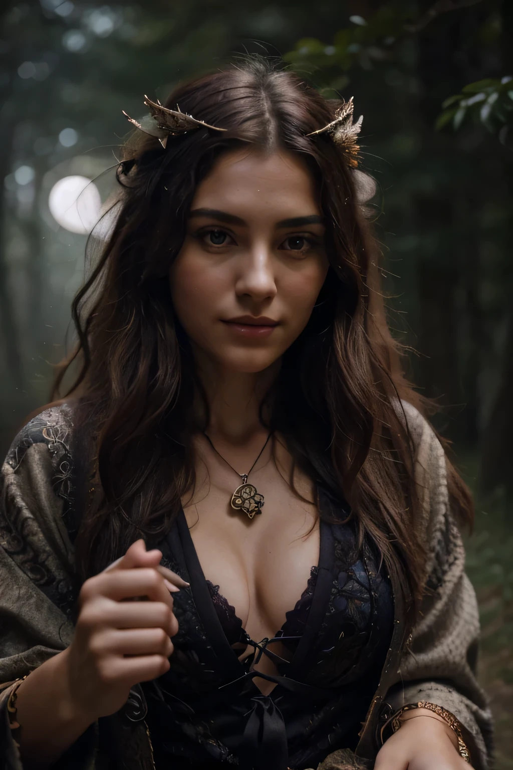 Camera zoom, zoom in, camera movement from bottom to top, masterpiece, high quality, great detail of clothes and face, purple fog moves in clubs, beautiful ancient Greek huntress smiles, turning her head, which commands a pack of wolves, raising her hand up, with disheveled wild hair that develops in the wind, with glowing Wild eyes, in magical mystical clothes with amulets, against the backdrop of moonlight in the forest, deep rich colors, intricate details, style
fantasy artists Carn Griffiths and Charles Beco