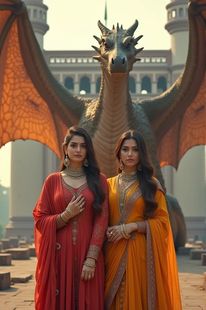 Pakistani actresses Iqra Azmi and Heena Khan are standing in front of Charminar with a big dragon standing next to them.