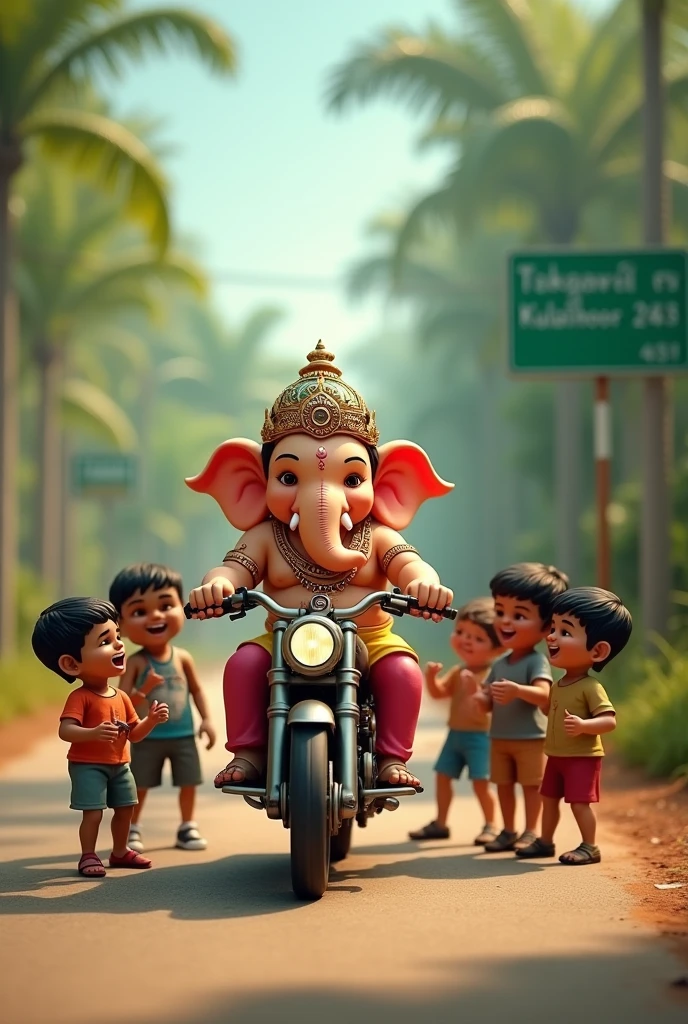 Little cute ganesh is riding a motorcycle in a village road. A group of children's is asking for lift. talking to him. A green colour road signboard is there and wrote KULATHOOR 2KM