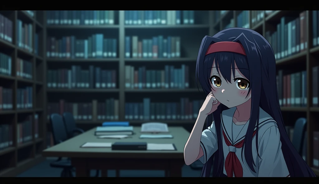 May ((A female student with long, dark purple hair that reaches the middle of her back. She always wears a red headband. She have a brown eyes color)) suddenly suddenly wakes up to a strange noise. She rubs her eyes and looks around the library, which now seems different. The dim lights create a scary atmosphere. She feels uneasy and notices that more time has passed than she thought. Her face was slightly puzzled.