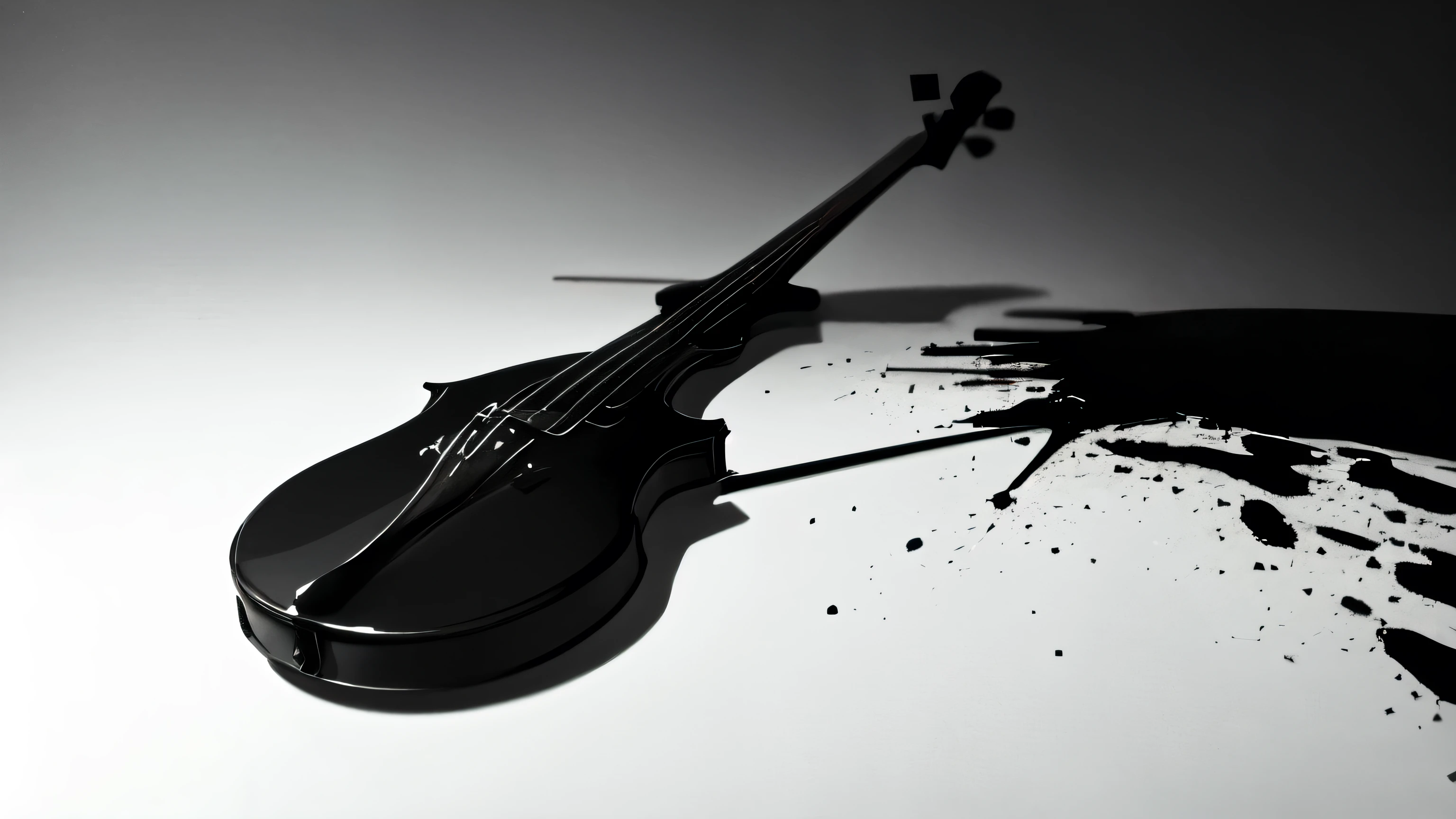 simple background, monochrome, horror (theme) there is a broken violin in the picture, black paint splatted, violin