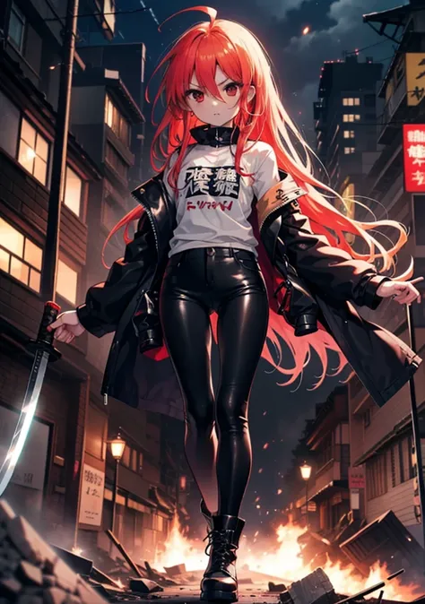 shana,灼眼のshana,long hair, redhead, red eyes, ahoge,small breasts,serious face,black rider jacket,black t-shirts,leather pants,bo...