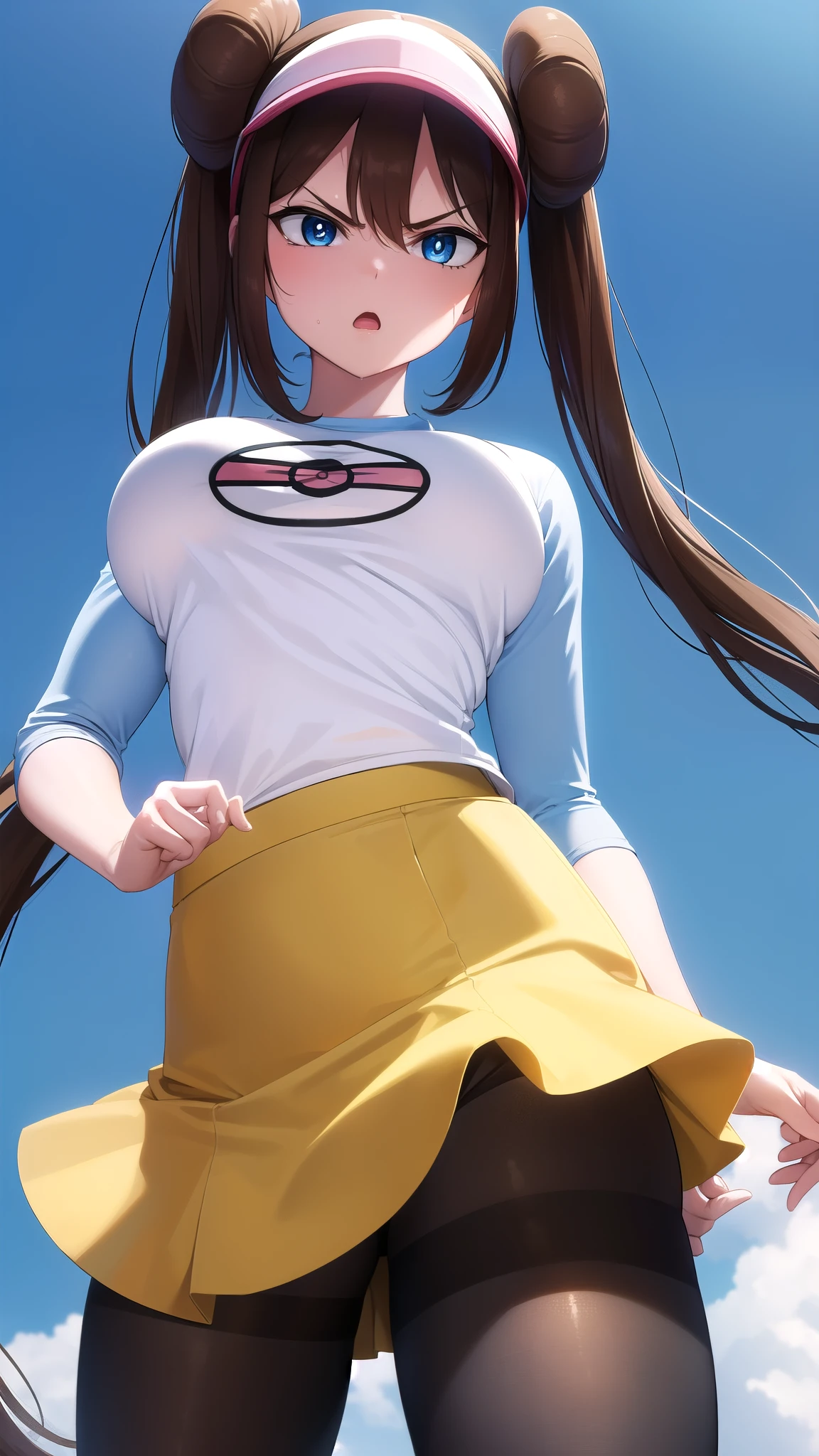 (angry),Rosa, Rosa, Brown Hair, Double Bang, doughnut Hair Bun, Hair Bun, blue eyes, Hair between the eyes, Twin tails, Large Breasts, Open your mouth,
break pantyhose, (Pantyhose under shorts), Raglan sleeves, skirt, (yellow skirt), White shirt, Blue Sleeve, Long sleeve, Visor Cap,
break looking at viewer, Upper Body, whole body,
break outdoors,
break (masterpiece:1.2), Highest quality, High resolution, unity 8k wallpaper, (figure:0.8), (Beautiful attention to detail:1.6), Highly detailed face, Perfect lighting, Highly detailed CG, (Perfect hands, Perfect Anatomy),((((Disgusted)))),pussy line,from below,