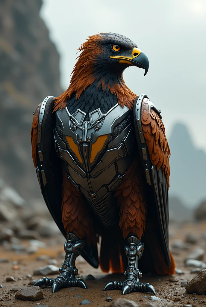 Eagle with transformers costume and helmet in standing in two legs
