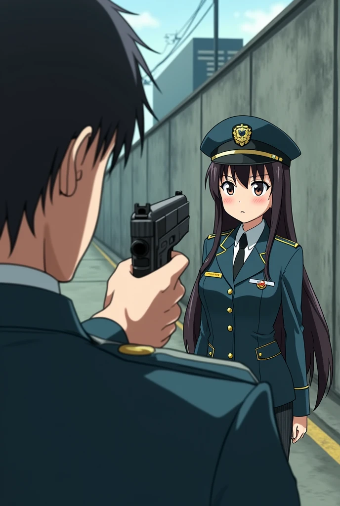 In the anime、,ass pov,First-person view,Surprised face,He points a gun at a girl in a military uniform.